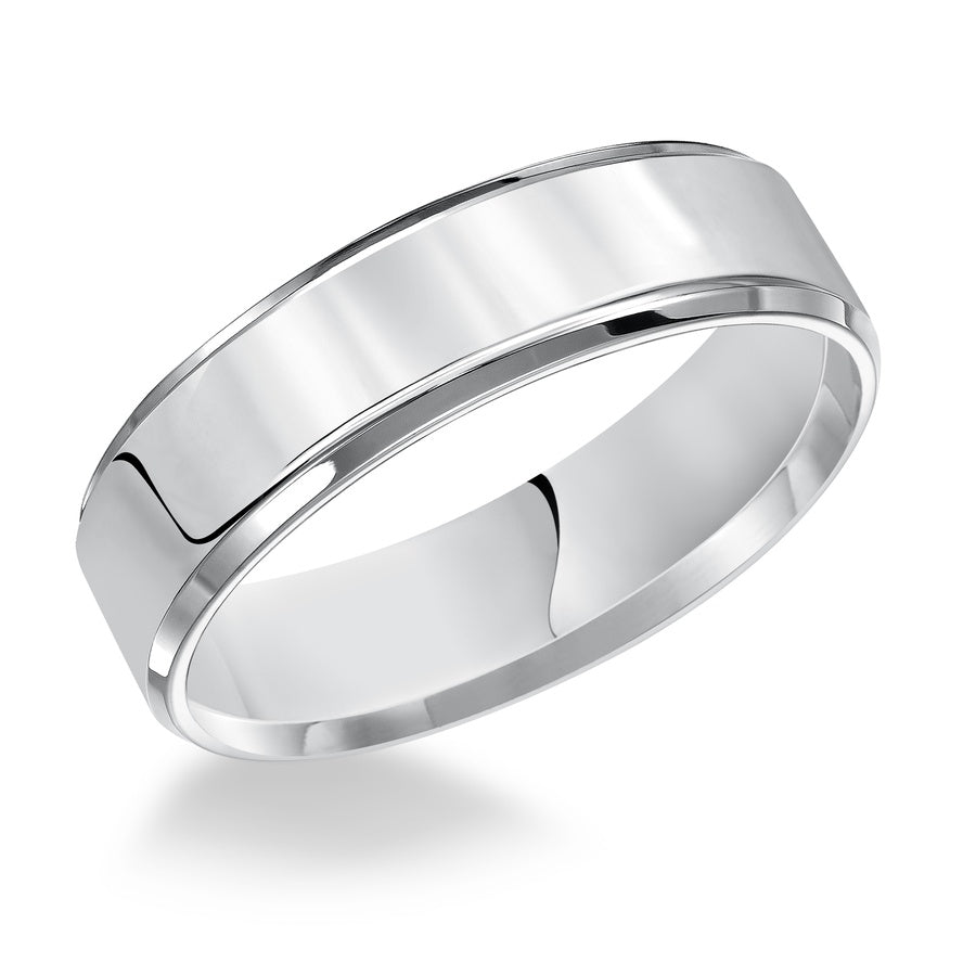 This comfort fit wedding band is crisp and contemporary featuring a high polished beveled edge design.