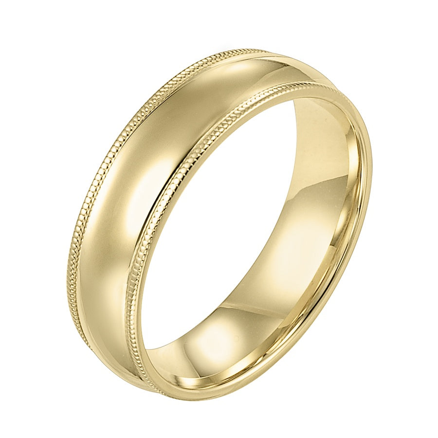 Classic styling is infused into this low-dome, comfort fit wedding band design featuring a high polished finish with delicate milgrain detailing.