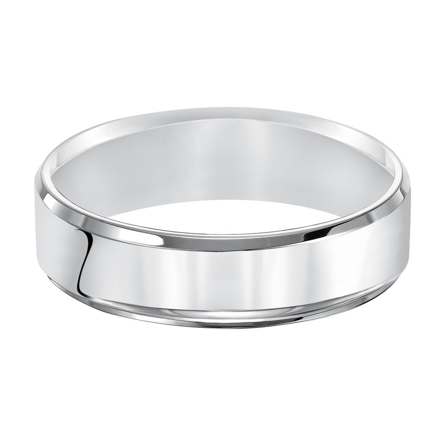 This Comfort Fit, wedding band is crisp and contemporary featuring a high polished beveled edge design