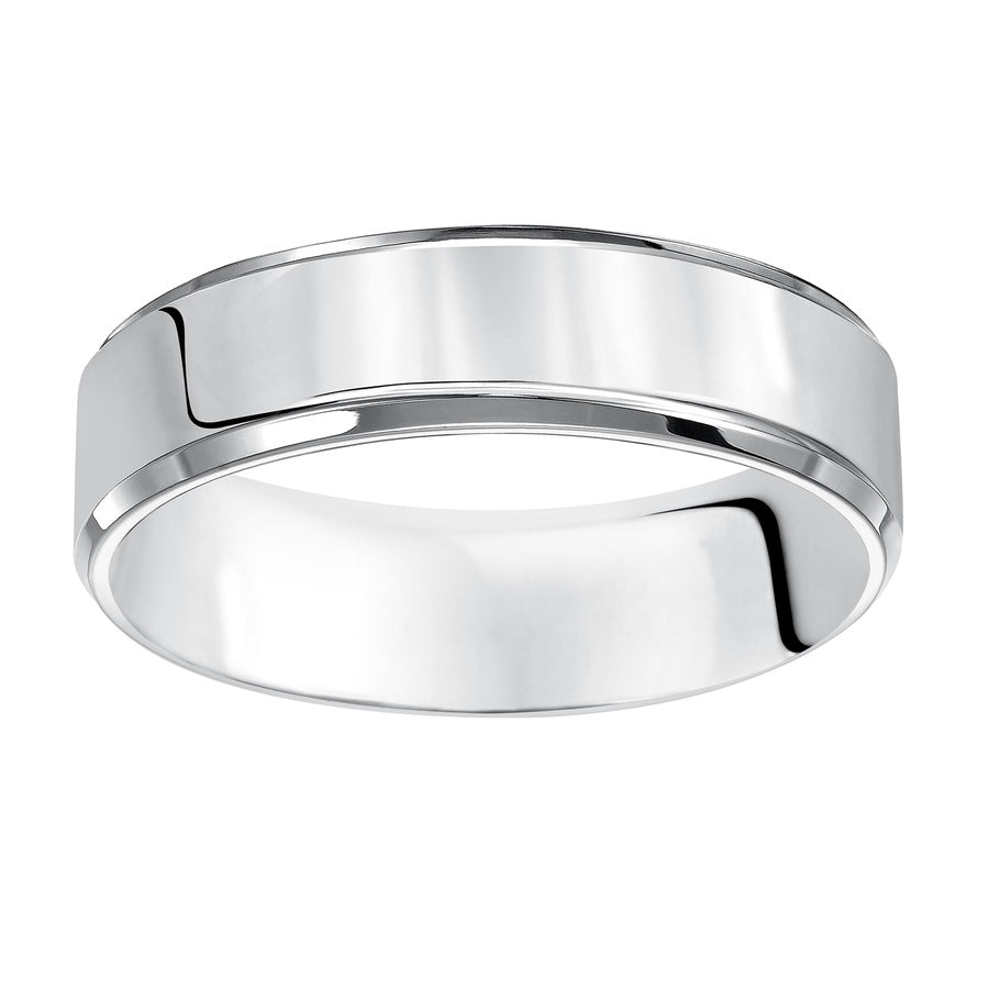 This comfort fit wedding band is crisp and contemporary featuring a high polished beveled edge design.