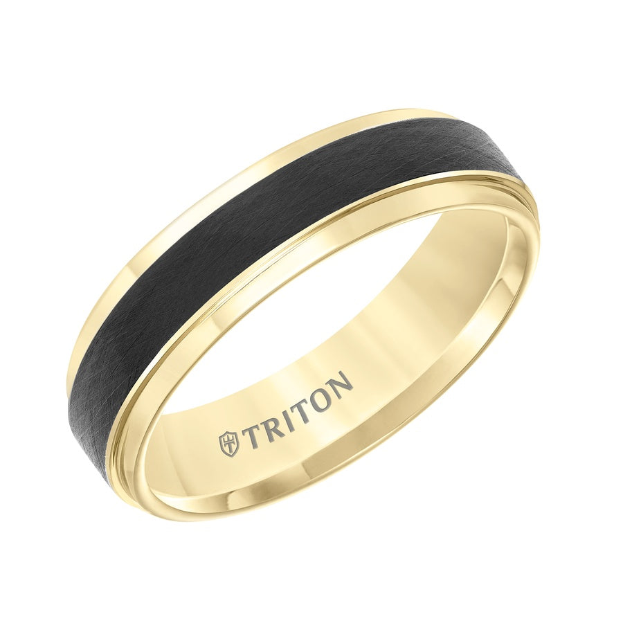 Tungsten Carbide Comfort Fit Two Tone Men's Band with Black Crystalline Finish Center and Yellow Step Edge