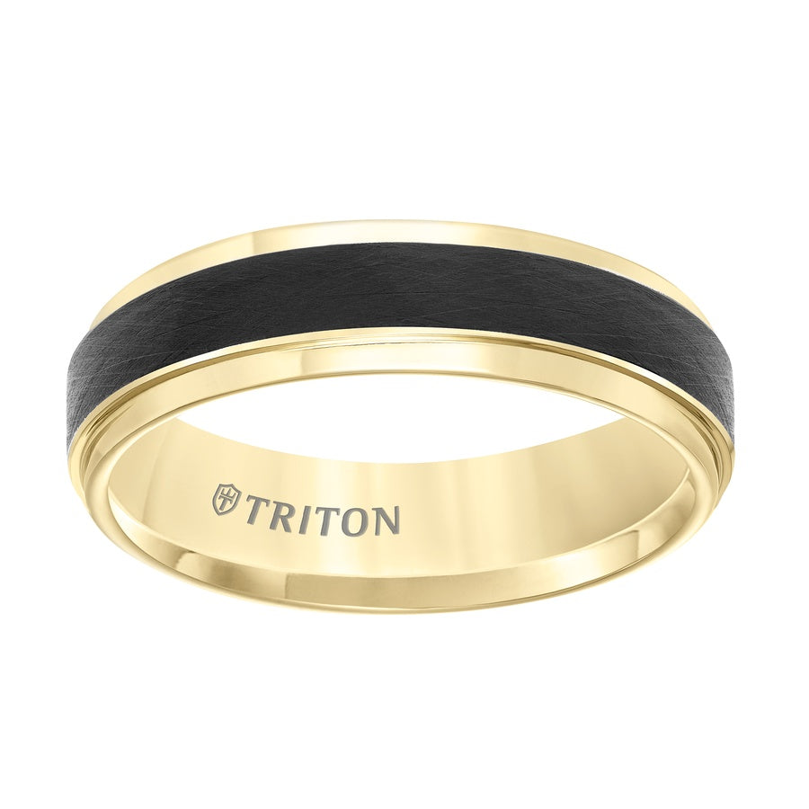 Tungsten Carbide Comfort Fit Two Tone Men's Band with Black Crystalline Finish Center and Yellow Step Edge