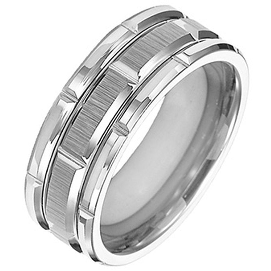 8mm Black Tungsten Carbide Bevel Edge Comfort Fit Band with Vertical Satin Finish Center and Bright Edges and Cuts
