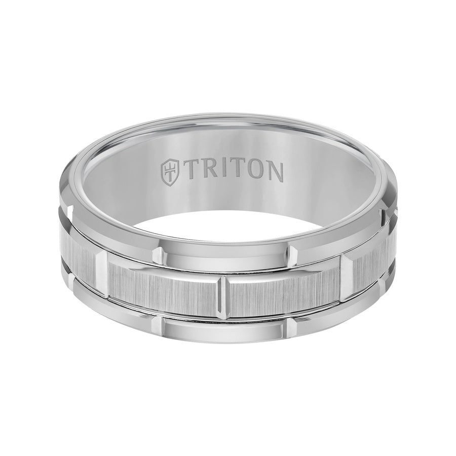 8mm Black Tungsten Carbide Bevel Edge Comfort Fit Band with Vertical Satin Finish Center and Bright Edges and Cuts