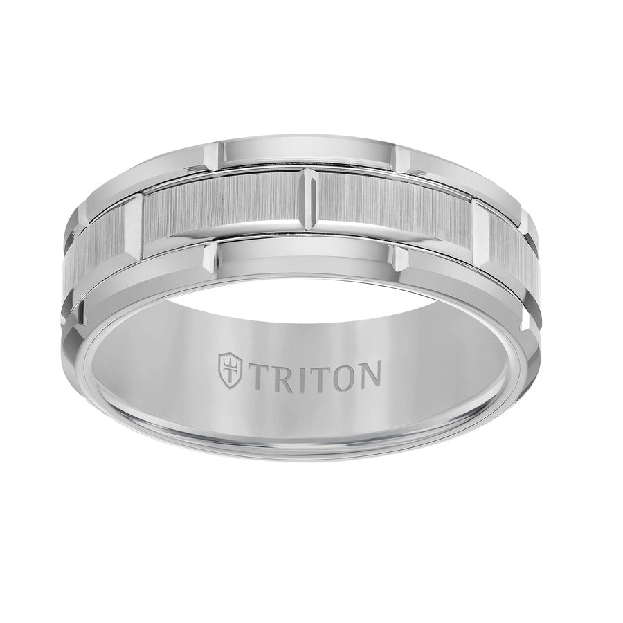 8mm Black Tungsten Carbide Bevel Edge Comfort Fit Band with Vertical Satin Finish Center and Bright Edges and Cuts