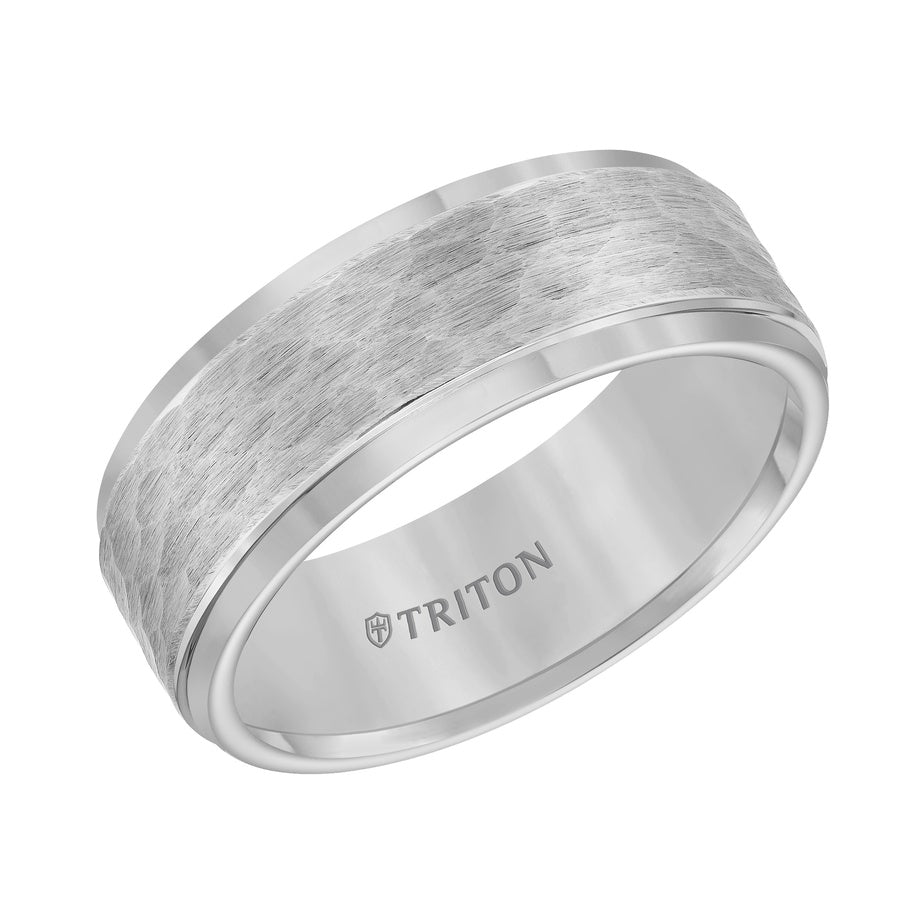 Black Tungsten Step Edge Comfort Fit Band with Satin Hammer Texture