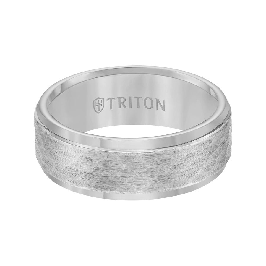 Black Tungsten Step Edge Comfort Fit Band with Satin Hammer Texture