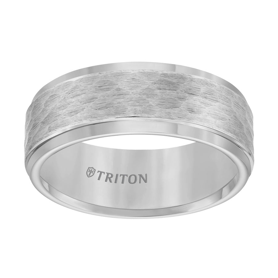 Black Tungsten Step Edge Comfort Fit Band with Satin Hammer Texture