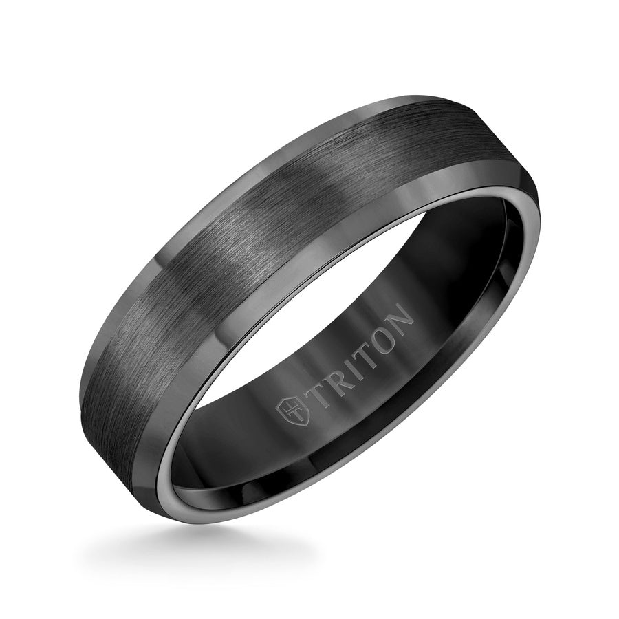 6mm Bevel Edge Black Tungsten Carbide comfort fit Band with center satin finish and bright polished edge
