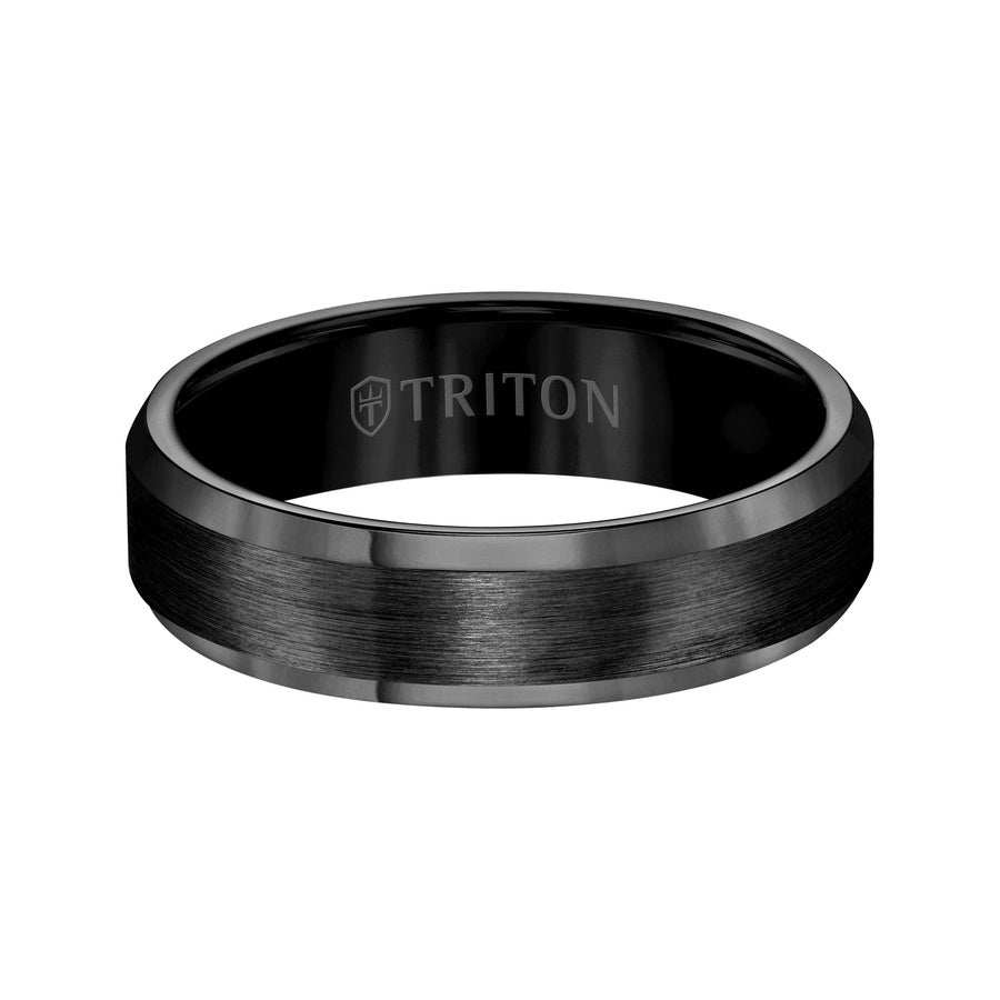 6mm Bevel Edge Black Tungsten Carbide comfort fit Band with center satin finish and bright polished edge