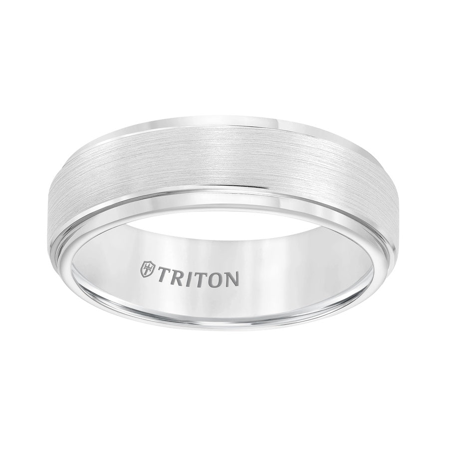 7mm White Tungsten Carbide Brush Finish Flat with Bright Round Rims Comfort Fit Band.