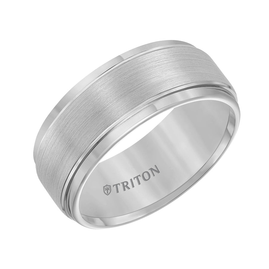 9mm Gray Tungsten Carbide Brush Finish Flat with Bright Step Edge Comfort Fit Band.