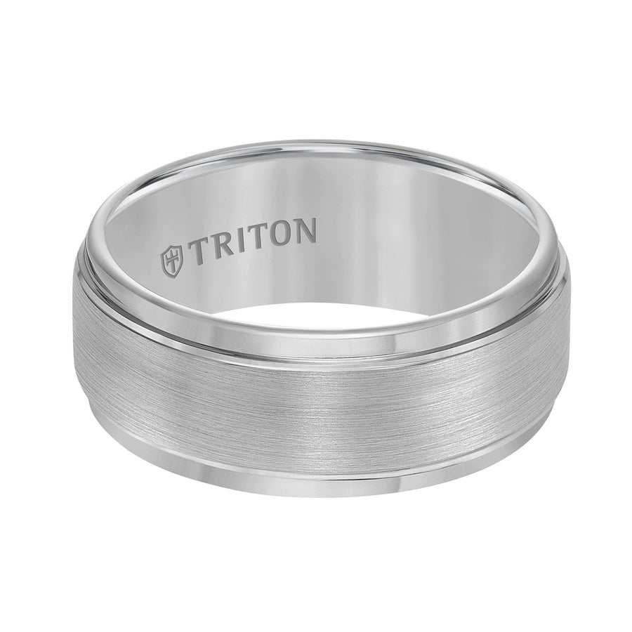 9mm Gray Tungsten Carbide Brush Finish Flat with Bright Step Edge Comfort Fit Band.