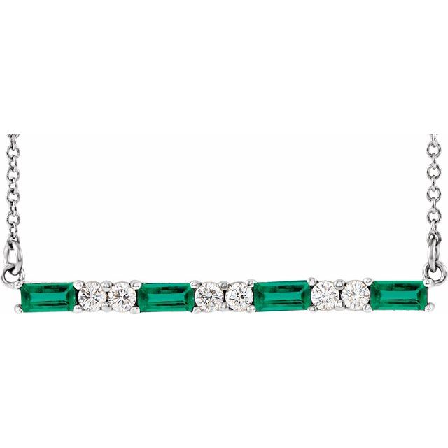 14k-white-lab-grown-emerald-&-1/6-ctw-natural-diamond-bar-16-18"-necklace