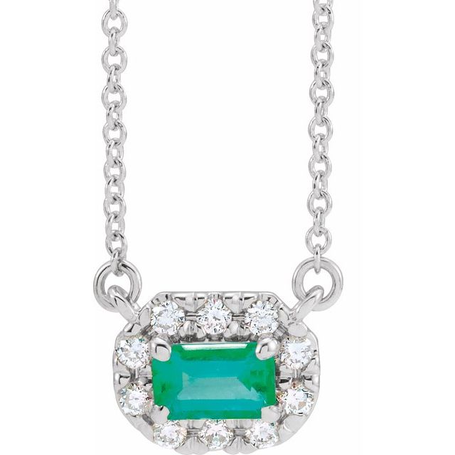 14k-white--lab-grown-emerald-&-1/8-ctw-natural-diamond-halo-style-16"-necklace