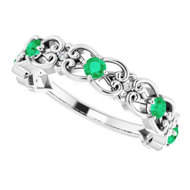 14k-white-lab-grown-emerald-&-.02-ctw-natural-diamond-scroll-ring