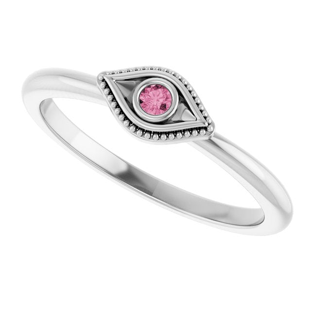 14k-white-natural-pink-tourmaline-stackable-evil-eye-ring