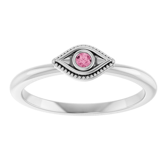 14k-white-natural-pink-tourmaline-stackable-evil-eye-ring