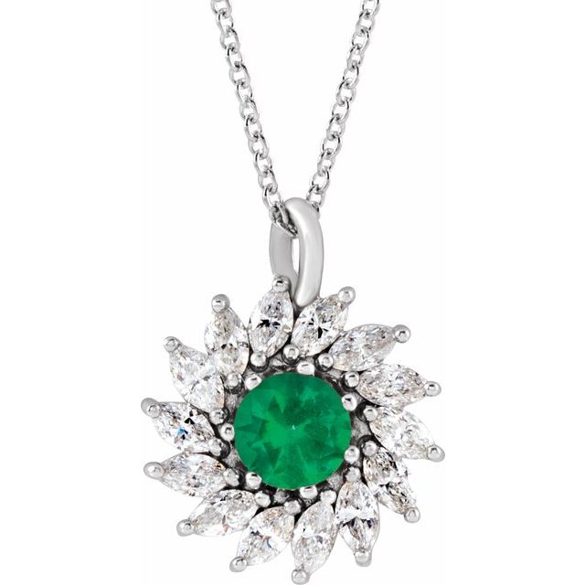 14k-white-natural-emerald-&-5/8-ctw-natural-diamond-halo-style-16-18"-necklace