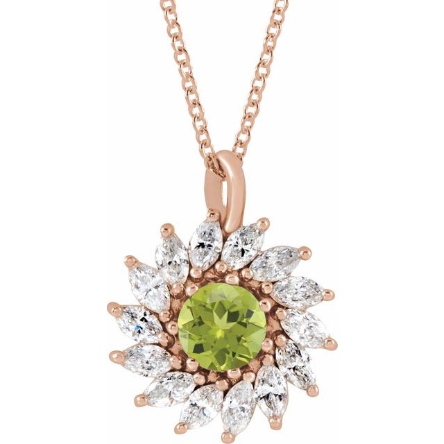 14k-rose-natural-peridot-&-5/8-ctw-natural-diamond-halo-style-16-18"-necklace