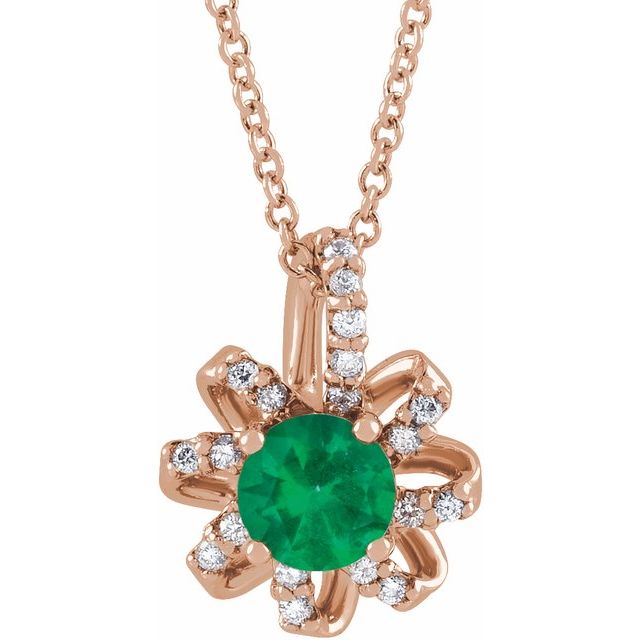 14k-rose-lab-grown-emerald-&-.07-ctw-natural-diamond-halo-style-16-18"-necklace