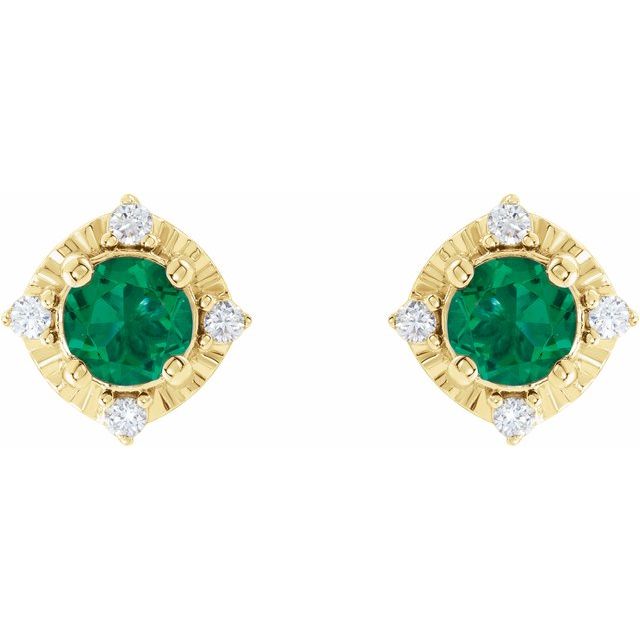 14k-yellow-lab-grown-emerald-&-.08-ctw-natural-diamond-halo-style-earrings