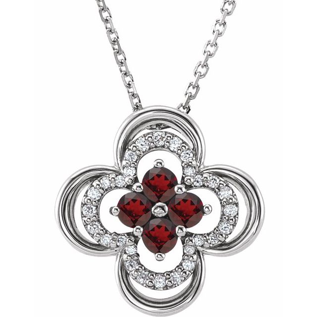 14k-white-natural-mozambique-garnet-&-.08-ctw-natural-diamond-clover-18"-necklace
