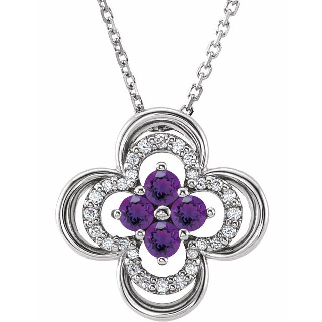 14k-white-natural-amethyst-&-.08-ctw-natural-diamond-clover-18"-necklace