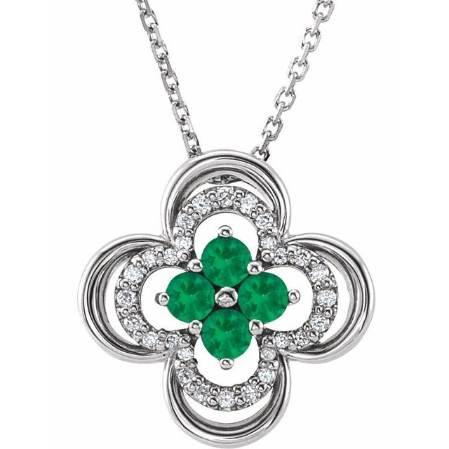 14k-white-lab-grown-emerald-&-.08-ctw-natural-diamond-clover-18"-necklace