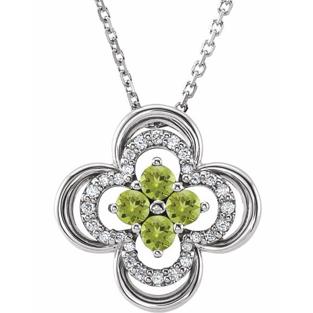 14k-white-natural-peridot-&-.08-ctw-natural-diamond-clover-18"-necklace