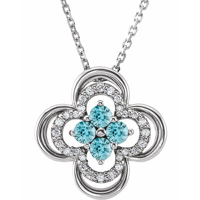 14k-white-natural-blue-zircon-&-.08-ctw-natural-diamond-clover-18"-necklace