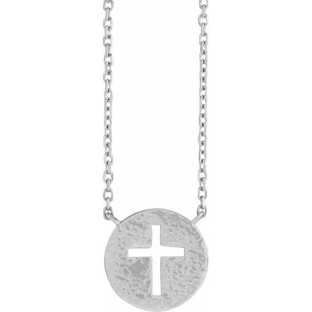 14k-white-pierced-cross-hammered-disc-18"-necklace