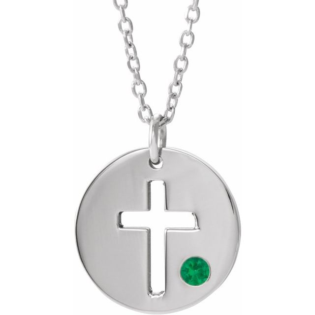 14k-white-natural-emerald-pierced-cross-disc-16-18"-necklace