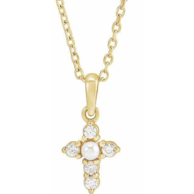 14k-yellow-cultured-white-seed-pearl-&-.07-ctw-natural-diamond-cross-16-18"-necklace