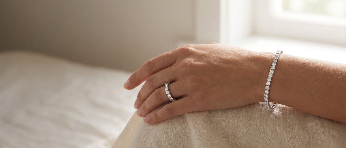 Lab-grown diamond tennis bracelet in 14k white gold on the wrist