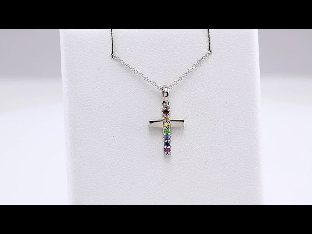 14k-white-natural-multi-gemstone-cross-16-18"-necklace