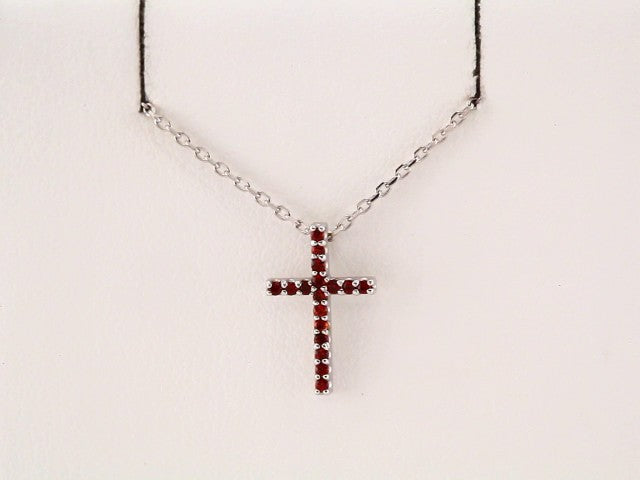 14k-white-natural-mozambique-garnet-petite-cross-16"-necklace