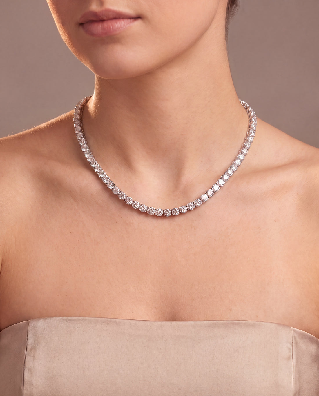 14k White Gold 11CT TW - 17 " Four Prong Lab-Grown Diamond Tennis Necklace – on model