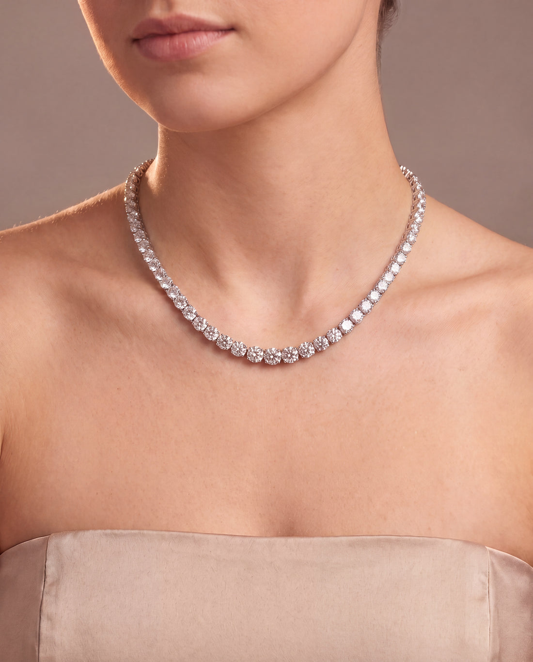 14k White Gold 14CT TW - 17 " Four Prong Lab-Grown Diamond Tennis Necklace – on model