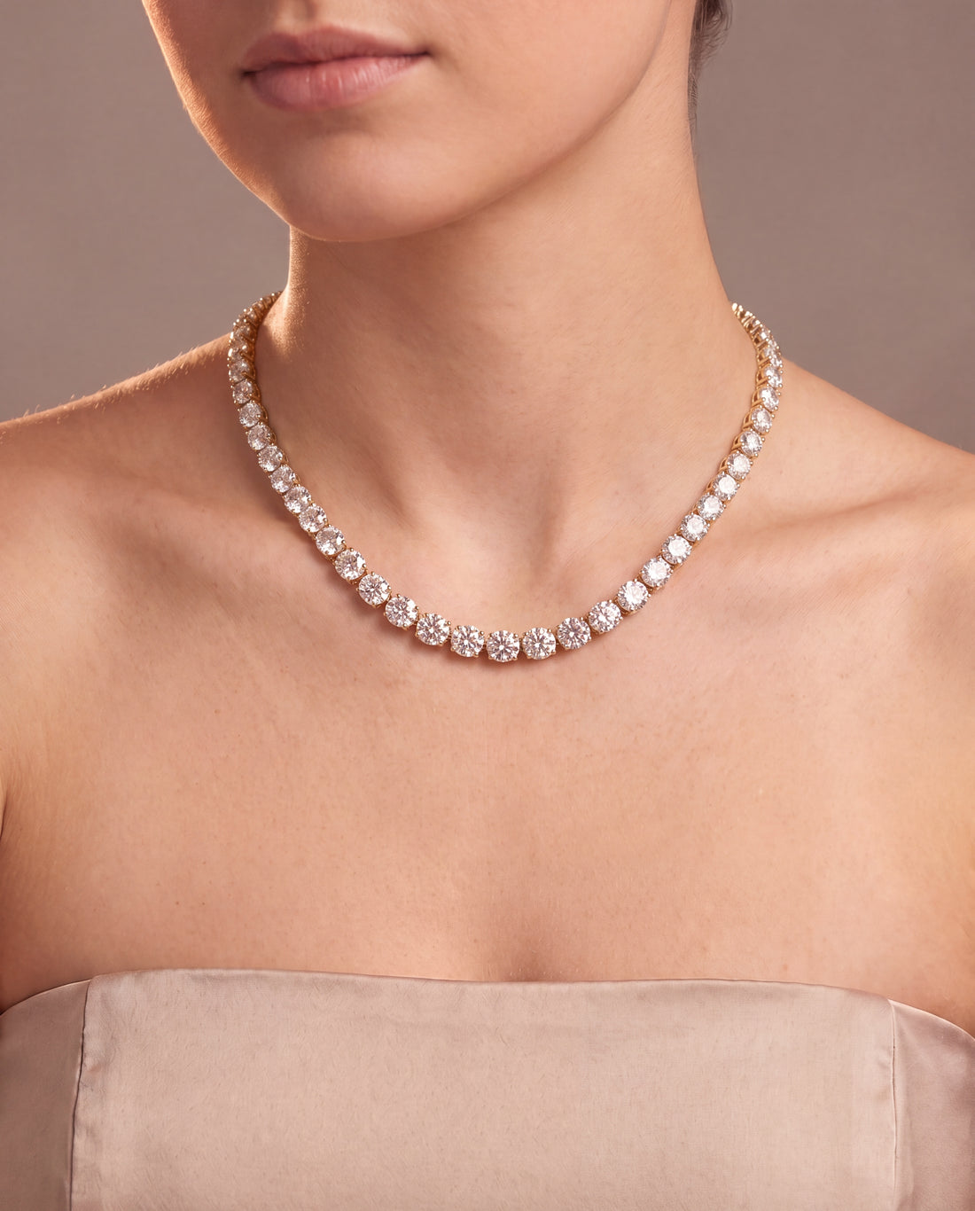 14k Yellow Gold 18CT TW - 17 " Four Prong Lab-Grown Diamond Tennis Necklace – on model