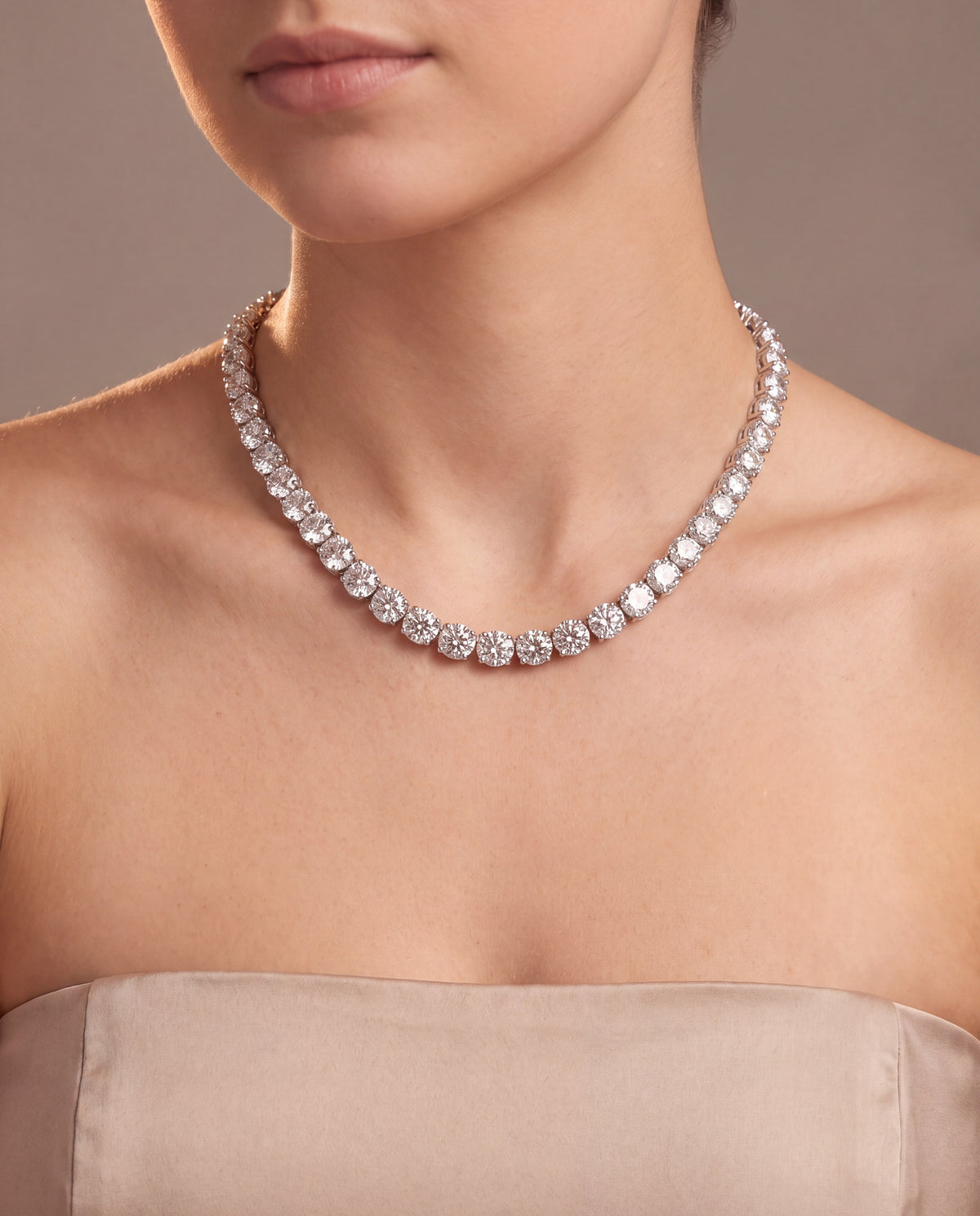 14k White Gold 25CT TW - 17 " Four Prong Lab-Grown Diamond Tennis Necklace – on model