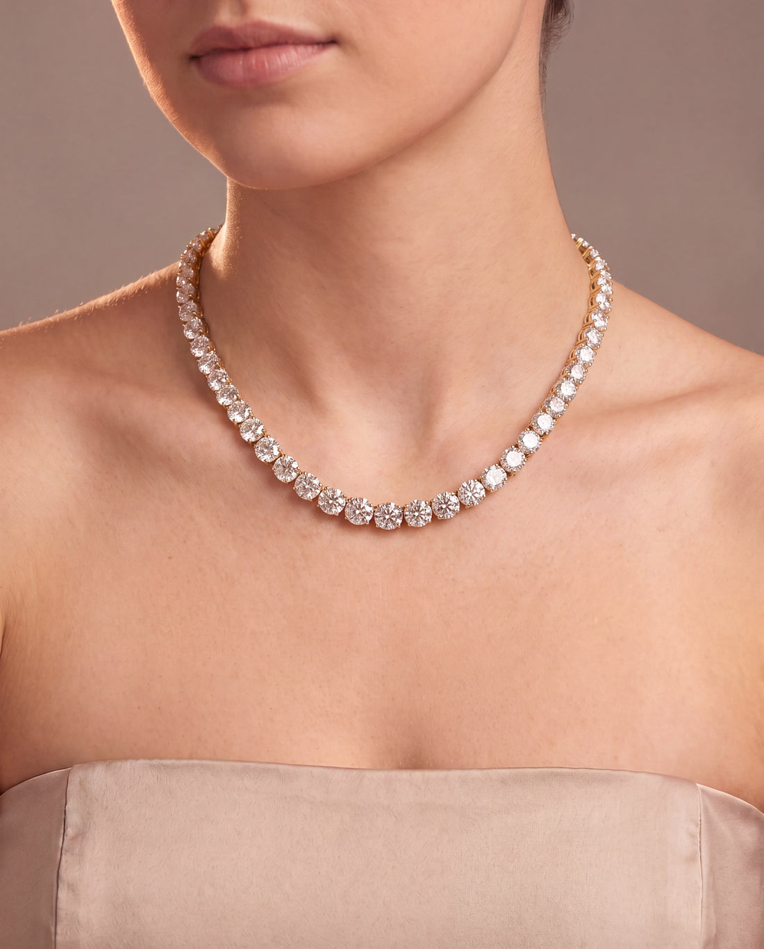 14k Yellow Gold 25CT TW - 17 " Four Prong Lab-Grown Diamond Tennis Necklace – on model