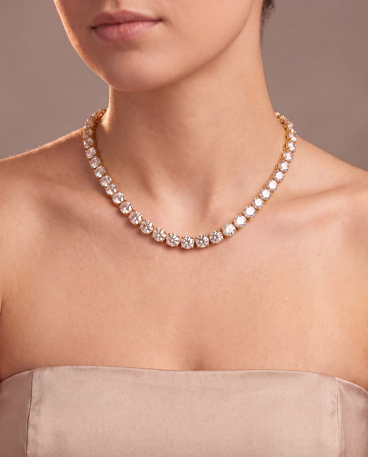 14k Yellow Gold 38CT TW - 17 " Four Prong Lab-Grown Diamond Tennis Necklace – on model