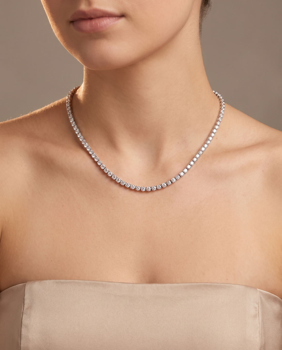 14k White Gold 7CT TW - 17 " Four Prong Lab-Grown Diamond Tennis Necklace – on model