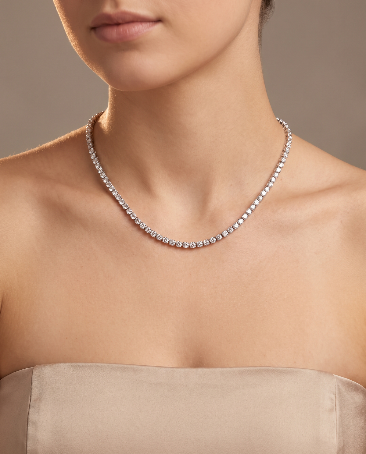 14k White Gold 7CT TW - 17 " Four Prong Lab-Grown Diamond Tennis Necklace – on model