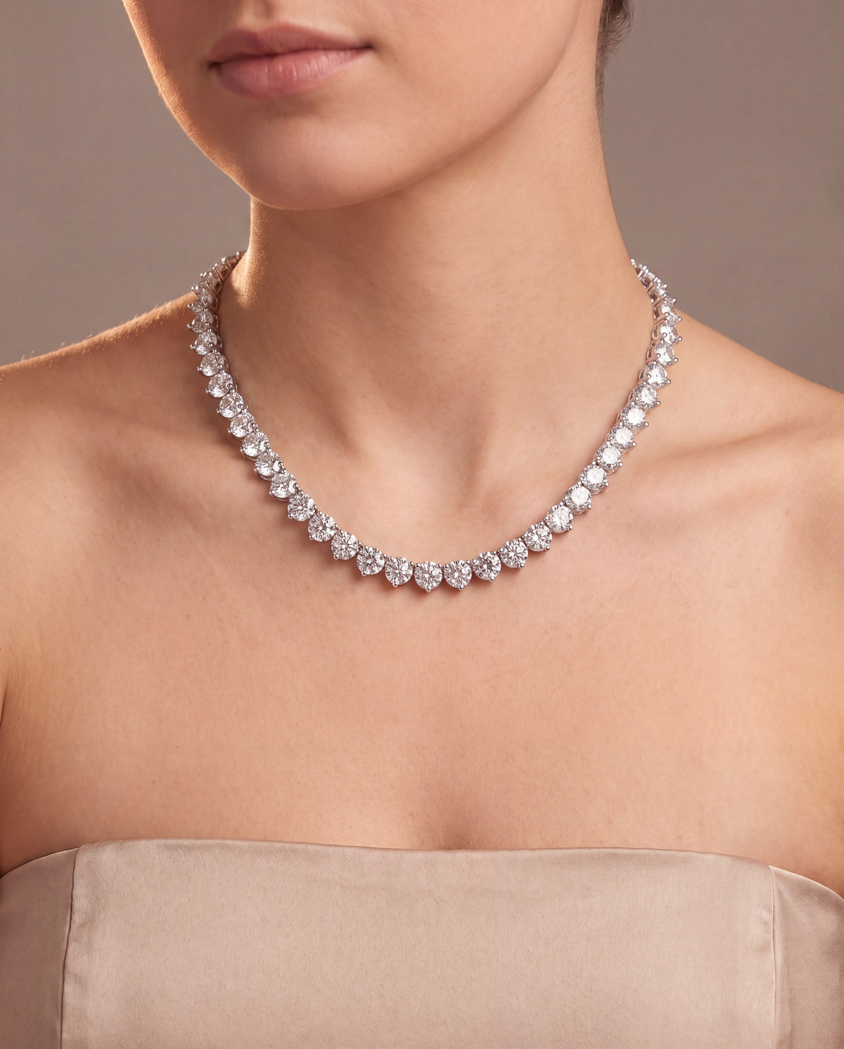 14k White Gold 26CT TW - 17 " Three Prong Lab-Grown Diamond Tennis Necklace – on model